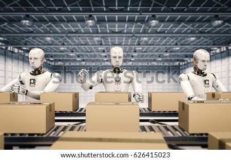 3d rendering robot working with carton boxes on conveyor belt
