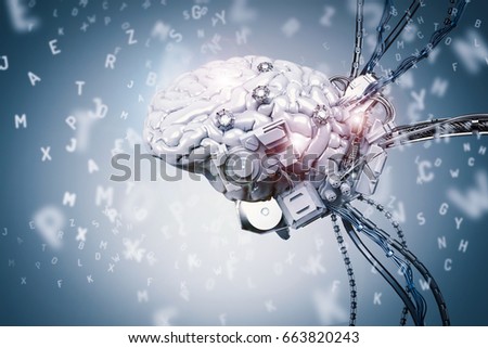 3d rendering robot brain learning on blue background