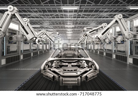 3d rendering robot assembly line in car factory