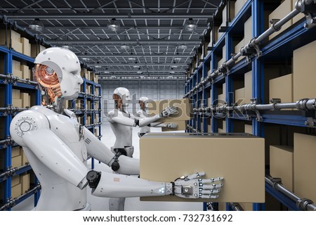 3d rendering humanoid robots carry boxes in warehouse