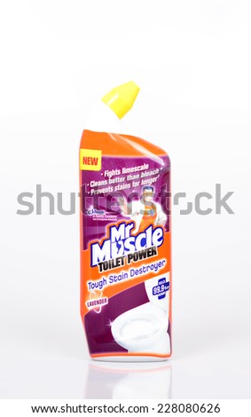 BELGRADE, SERBIA - October 08, 2014: Can of Mr Muscle Toilet Power on a white background. It has been manufactured by S. C. Johnson & Son.