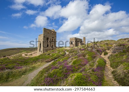 A Cornish Tin Mine at the top of a heather laden path