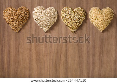Healthy whole grains shaped like hearts