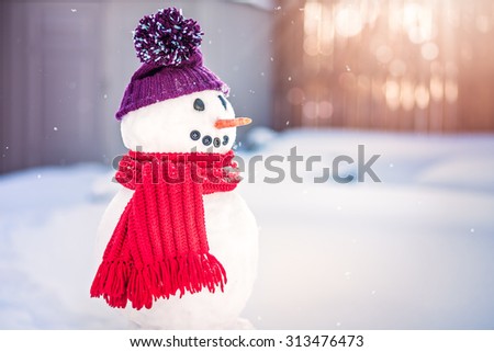 Smiling snowman with purple hat and red scarf
