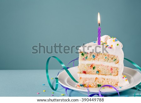 Slice of Birthday Cake with a lit candle and ribbons over a blue background.