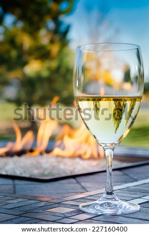 A wine glass filled with white wine on a table in a backyard setting