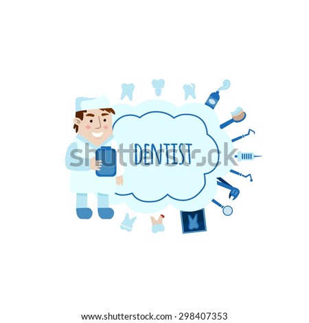 Dentist with different dental equipment flat bubbles vector illustration. Profession background