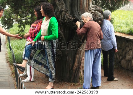 BEIJING, CHINA - JUNE 9, 2013: some people are clinging to 'magic' wood in park of Beijing, China on 9th June, 2013
