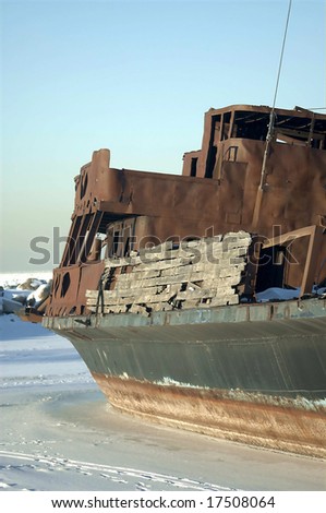 A shot of a shipwreck - frozen in time in the ice and snow