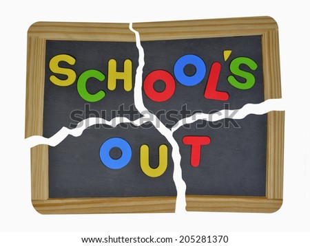 School\'s out in colored letters written on traditional broken slate