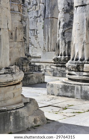 Closeup of marble columns at the ancient Temple of Apollo at Didyma, Turkey