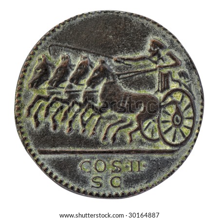 متى تم اختراع الدولاب او العجله ؟  Stock-photo-centurion-and-chariot-with-four-horses-depicted-on-old-roman-coin-isolated-on-white-30164887