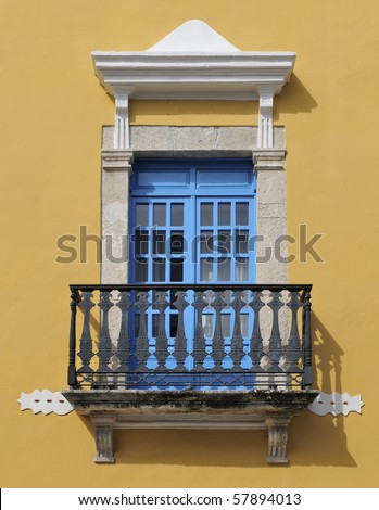 Window and balcony detail from old building in Campeche, Mexico