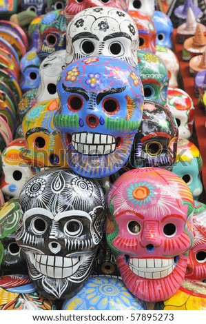 stock photo Skulls painted in traditional mayan motif in yucatan mexico