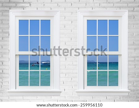 Window seascape view from wooden window and wall