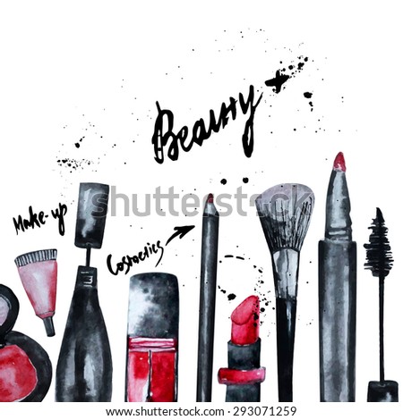 Vector watercolor Glamorous makeup set of  cosmetics with nail polish and lipstick.Creative design for card, web design background, book cover.