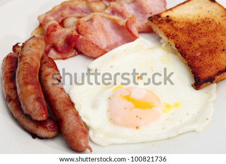 Traditional, unhealthy, English cooked breakfast of fried bacon, egg, chipolata sausages and bread