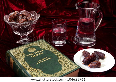Dates and water, traditional foods for breaking the fast at the end of each day during Ramadan.