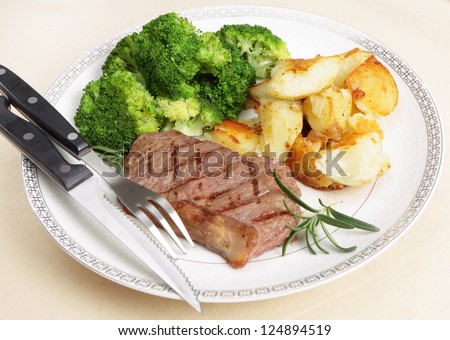 Grilled striploin steak served with crushed garlic potatoes and boiled broccoli