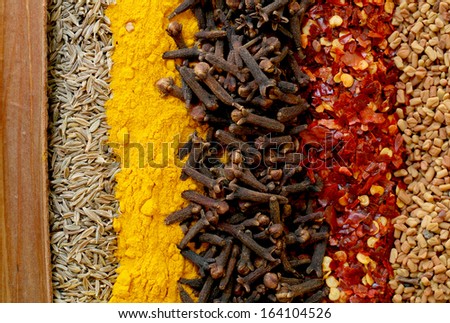 A line-up of cinnamon, cumin seeds, turmeric, cloves, crushed chillies and fenugreek seeds - typical ingredients of a curry powder