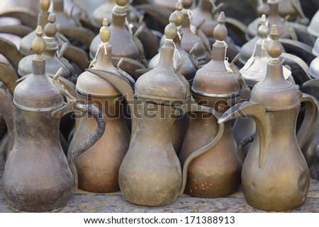 An assortment of coffee pots for sale in Souq Waqif, Doha, Qatar.