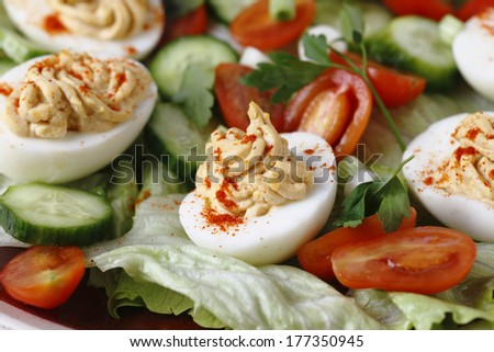 Homemade deviled eggs served on a salad of miniature tomatoes, lettuce, sliced cucumber and chopped green onion scallions, side view