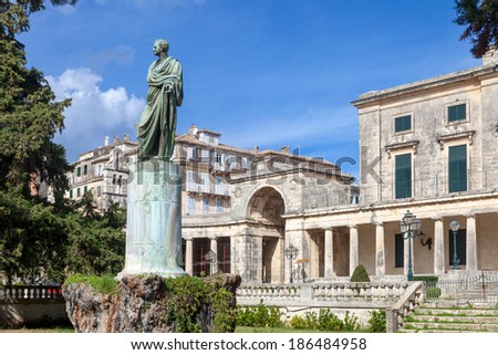 General Sir Frederick Adam\'s statue in front of the Museum of Asian Art, Corfu Town. As governor he built an aqueduct that brought fresh water to the island capital, earning the people\'s gratitude