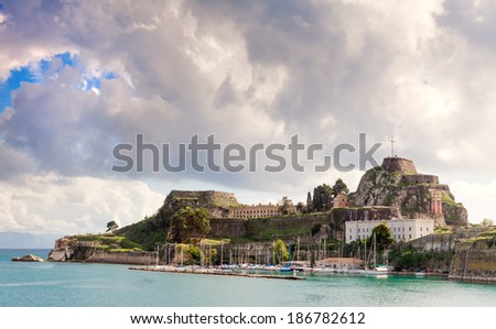 The Old Fortress of Corfu Town, Greece. Built by the Venetians it is still used for cultural events though some walls are eroding into the sea (left side).