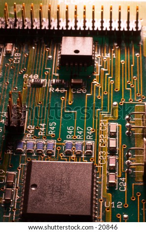 View of a late 1980s circuit board, lighting intended to give a slightly retro look.