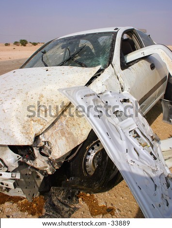A crashed car in Arabia. Extensively damaged in a high-speed loss of control