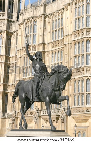 Statue to the 12th Century  Crusader king Richard I, Richard Coeur de Lion or Richard the Lionheart, outside Parliament in London.