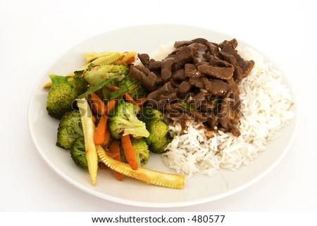 Stir-fry veg and beef with boiled rice