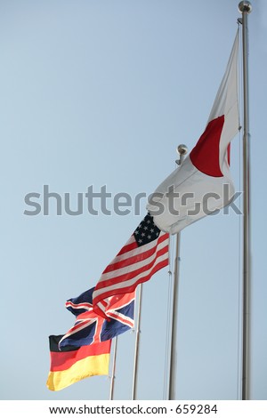 Flags of the leading economic and political powers: the US, Japan, Britain and Germany