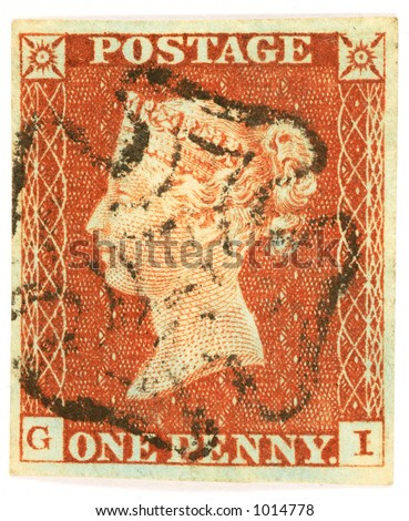 The 1841 British Penny Red from Plate 14, cancelled with a black Maltese Cross and showing the NE corner break. The 1840 version of this design, printed in black, was the world\'s first stamp.