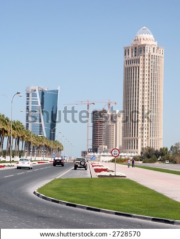 Part of the high-rise hotel area in Doha. The Q-tel building is on the right, with the Four Seasons behind it. Movenpick on the left.