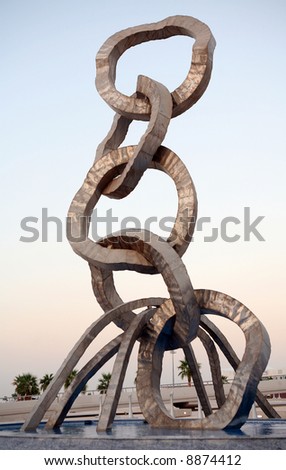 The Doha Asian Games 2006 Olympic rings monument, at the Aspire sports academy in Doha, Qatar. The immensely wealthy Arabian gas and oil emirate is now bidding to host the 2016 Olympic Games.
