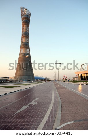 The road out of Qatar\'s Aspire sports training complex, past the giant 2006 Asian Games torch. After hosting those games, the Arab gas and oil state has now set its sights on the 2016 Olympic Games