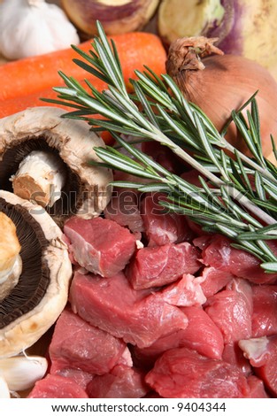 The ingredients for making a traditional British beef stew, a common home-cooked winter meal.
