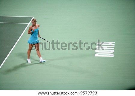 Rising German tennis star Sabine Lisicki celebrates winning a point during her losing first-round centre court match against former No1 Amelie Mauresmo in Doha, Qatar, February 18, 2008