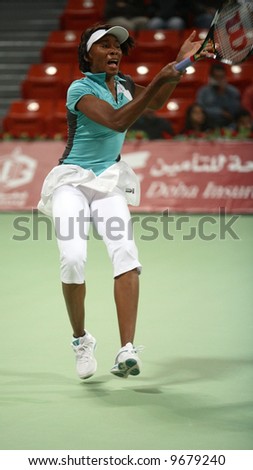 US tennis star Venus Williams playing her first singles match in the Qatar Total Open, Doha, on February 20, 2008, vs Karin Knapp of Italy