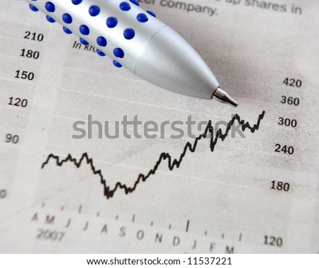 A pen on a newspaper chart of a rapidly rising share price.
