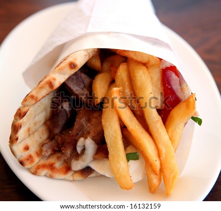 A souvlaki gyros pita kebab, Greece\'s staple fast food.