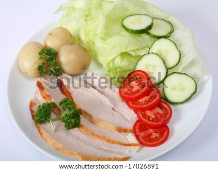 A plate of cold turkey salad, with slices of turkey breast, new potatoes,tomato,cucumber,lettuce and a sprig of english parsley