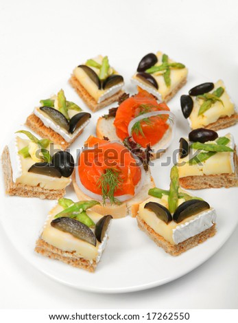 A plate of Brie cheese on toast canapes and smoked salmon on bread