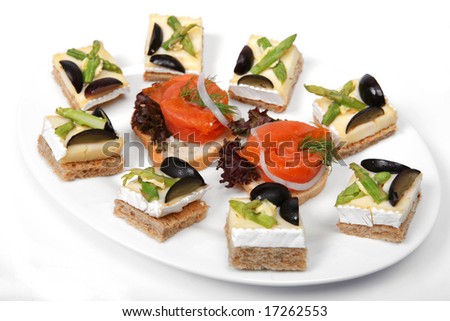 A plate of Brie cheese on toast canapes and smoked salmon on bread
