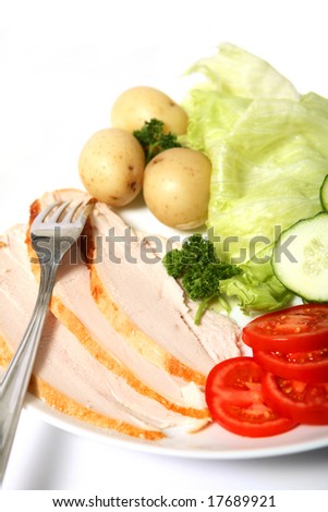 A plate of cold turkey and salad, making good use of the left-overs.
