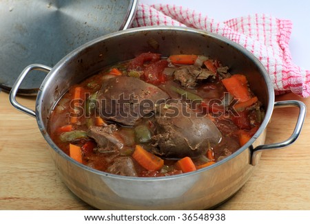 A lamb\'s liver and vegetable casserole straight from the oven