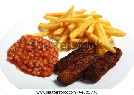 A typical English fast-food meal of fish fingers, beans and chips (french fries)