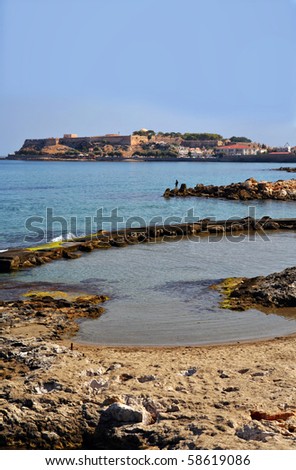 Rethymnon Fortezza, Crete, Greece, seen from a small cove about a mile to the west.
