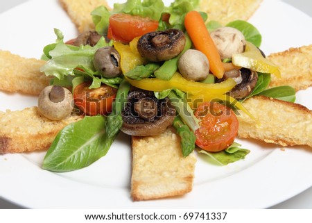 Toast fingers topped with parmesan and served with a salad of grilled cherry tomatoes, various mushrooms, asparagus, baby carrots, capsicum and lettuce